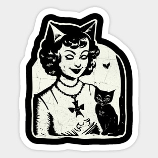 Vintage Halloween Girl and Black Cat Sticker